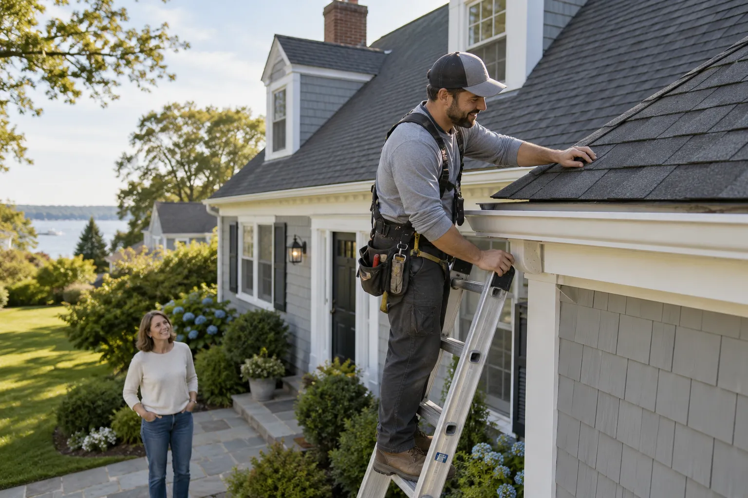 A local roofing provider checking shingles on a home in Lake Grove on a clear morning